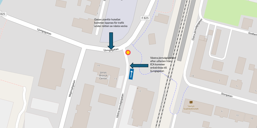 Karta över Sävsjö centrum med en sträcka av Ljungagatan markerad