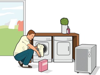Illustration av man som lägger in tvätt i tvättmaskin.
